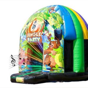Springkussen Disco Jungle Party (Dome) 4,5x4,5x4,4 meter inclusief Devine MP3 speaker en 2 Discolampen