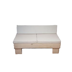 Loungebank steigerhout 80x160 cm. incl. witte kussens